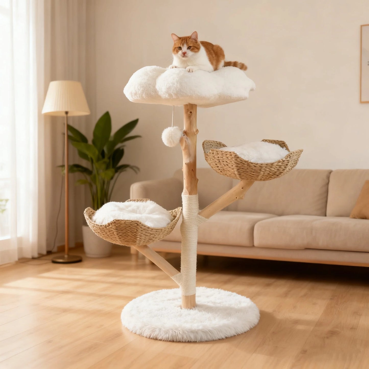 Solid Wood Cat Tree — Sisal Posts & Double Nest
